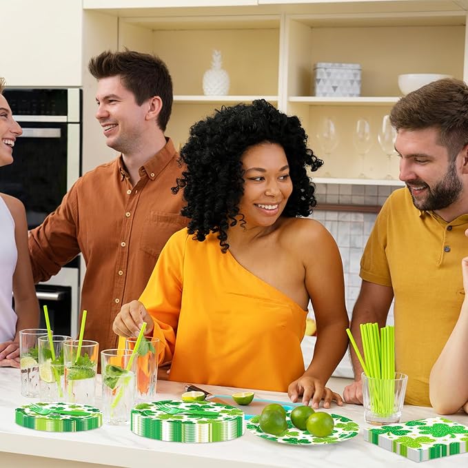 100 Pieces St. Patrick’s Day Party Tableware Set – Shamrock Clover Plates, Napkins and Forks, Green Disposable Dinnerware for Irish Party and Lucky Clover Party Supplies