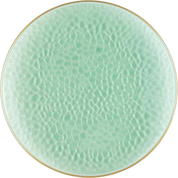 PLASTICPRO 30 Pack Hammered Plastic Plates Heavyweight Disposable Plastic Plates Elegant Clear Hammered Rim Platsic Party Dishes (Hamered Green With Gold Rim, 7'' INCH PLATES)