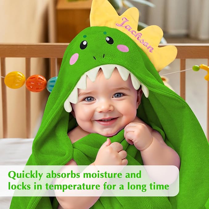Baosity Custom Hooded Baby Towel with Name, Personalized Soft Absorbent Dinosaur Bath Towel, Shower Towels for Girls Boys, Easter Brithday for Kids Baby, Toddler, Newborn Essential