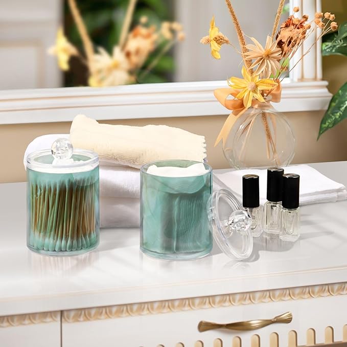 Blueangle 2PCS Green Marble Pattern Qtip Holder Dispenser with Lids - Apothecary Jar Containers for Vanity Organizer Storage - Plastic Food Storage Canisters(182)