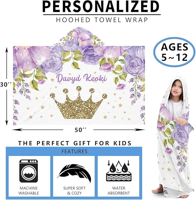 Purple Crown Floral Personalized Kids Hooded Towel with Name Soft Absorbent Beach Pool Bath Towels Hood Poncho for Boys Girls