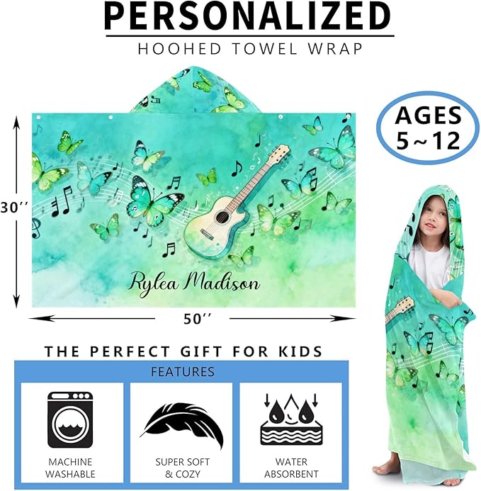 Music Guitar Butterfly Personalized Hooded Towel Absorbent Wrap Soft Pool Beach Bath Towels Hood Poncho for 5-12 Years Kids Boys Girls