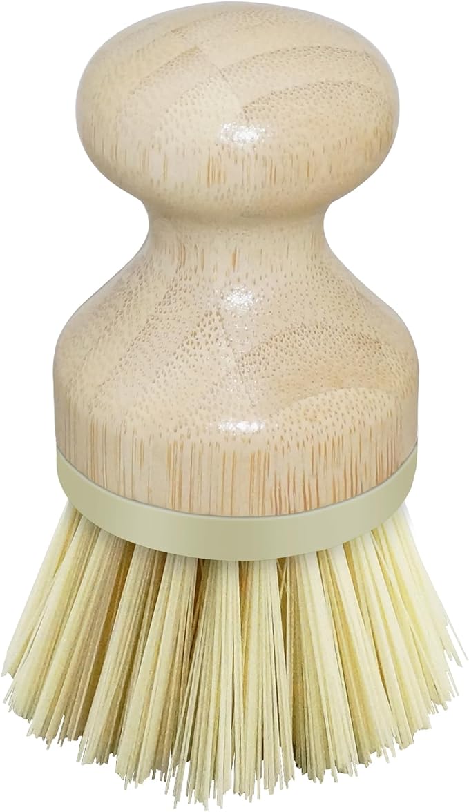 OGGI Natural Bamboo Dish Brush - Round Palm Dish Brush, Non-Scratch, Odorless Nylon Bristles, Durable Scrub Brush for Grease & Grime, Safe Cleaning Brush for Non-Stick Cookware - Khaki Accent Color