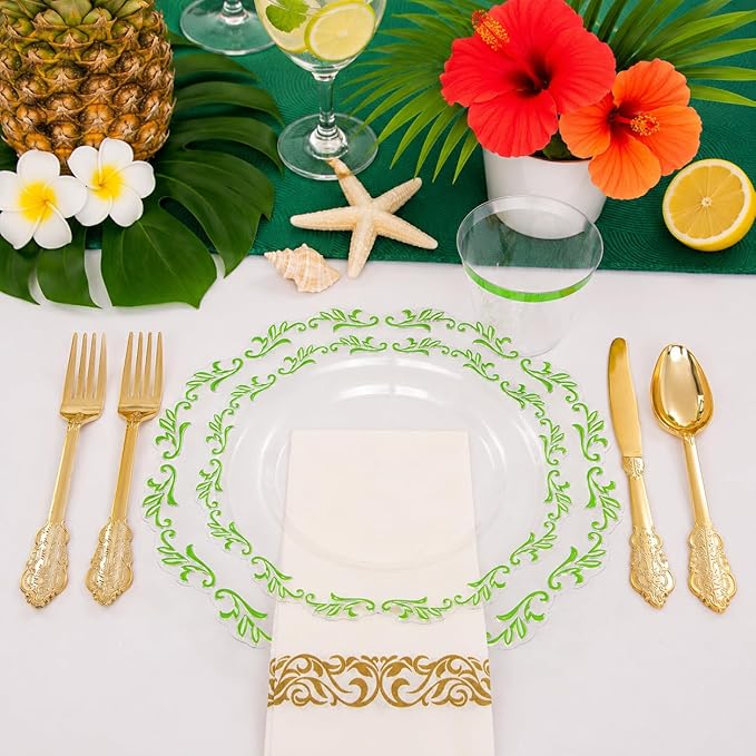 PULOTE 175PCS Green Plastic Plates - Clear Plastic with Green Rim Disposable - Include 25 Each (Dinner & Dessert) Plates, 75 Cutlery, 25 Cups, 25 Napkins, Idea for Wedding&Party