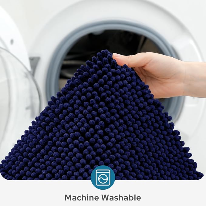 BYSURE Navy Blue Bathroom Rugs Sets 3 Piece Non Slip Extra Absorbent Plush Chenille Soft Washable Bath Mats