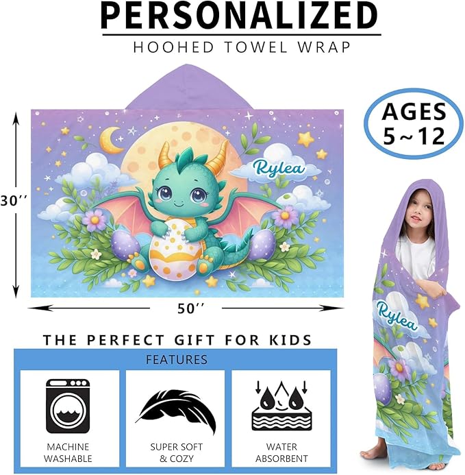 Green Flying Dragon Personalized Hooded Towel Absorbent Wrap Soft Pool Beach Bath Towels Hood Poncho for 5-12 Years Kids Boys Girls