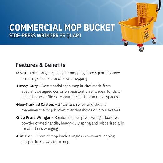 Carlisle FoodService Products 35-Quart Commercial Mop Bucket with Side-Press Wringer, Integrated Pour Spout, and Smooth Rolling Casters for Commercial Cleaning, Durable Polypropylene, Yellow