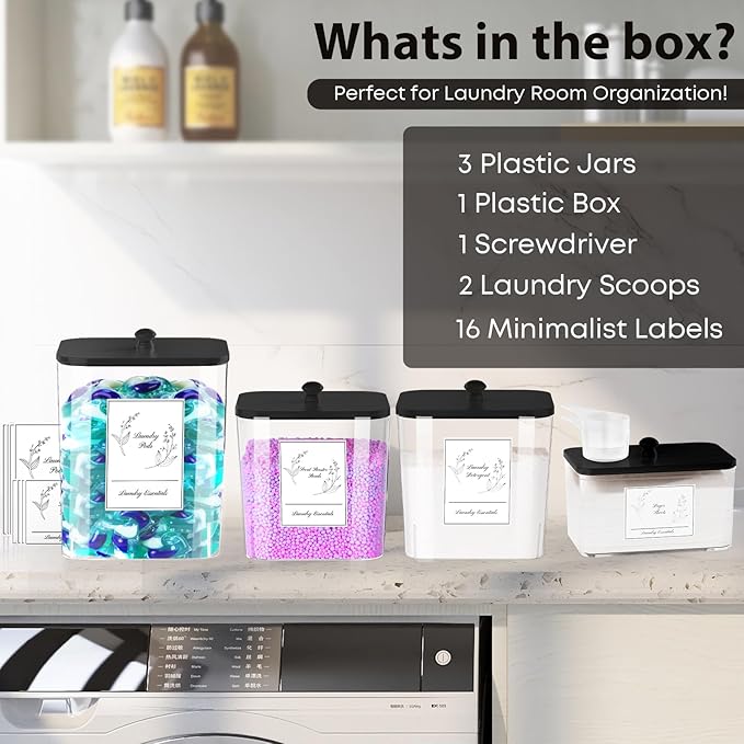 COAZEX 4 Pack Clear Laundry Pods Container & Dryer Sheet Holder, Plastic Square Laundry Room Organization and Storage Jars with Lids, Scoops & Labels for Detergent, Powder, Dryer Balls (Black Lid)