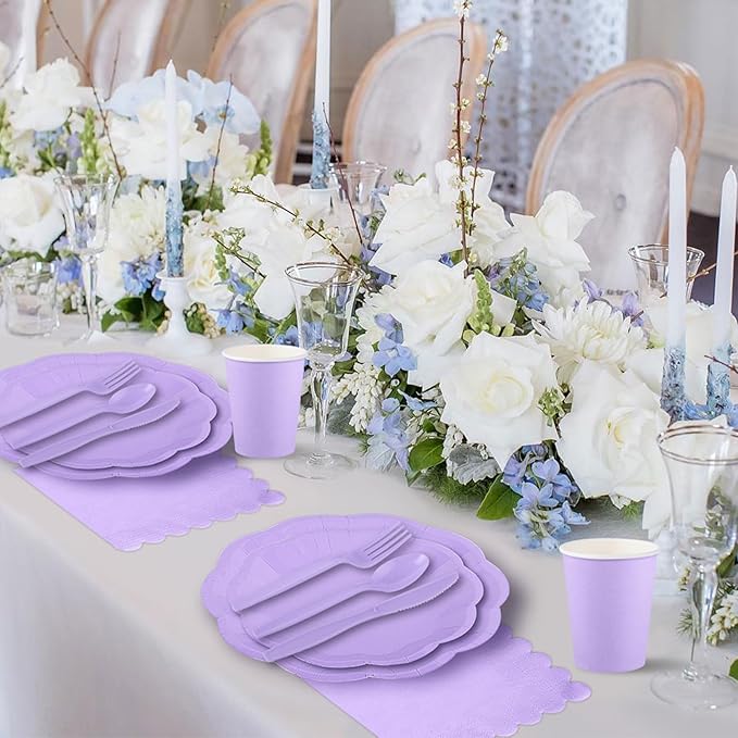175 Pcs Light Purple Plates and Napkins Set, 25 Guest Purple Party Supplies Include Scalloped Plate Paper Napkin Cup Forks Knives Disposable Plastic Cutlery for Wedding Baby Shower Birthday Party