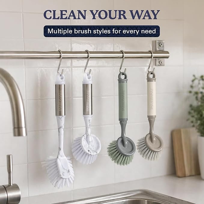 Farberware Dish Brush with Handle – 2 Pack Kitchen Scrub Brush for Dishes, Non-Scratch Dishwashing Brush Set with Firm Bristles for Pots, Pans, & Sink, Long Handles for Everyday Cleaning