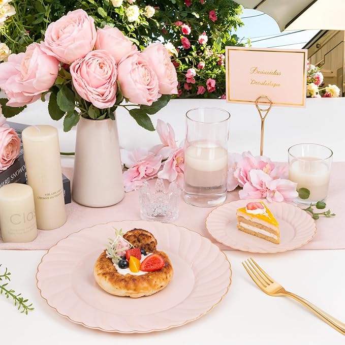 YOUBET 125Pcs Pink Plastic Plates with Gold Rim - Scalloped Plastic Plates Set Includes 25 Dinner, 25 Dessert Plate, 75 Gold Silverware for 25 Guests for Wedding Birthday Baby Shower