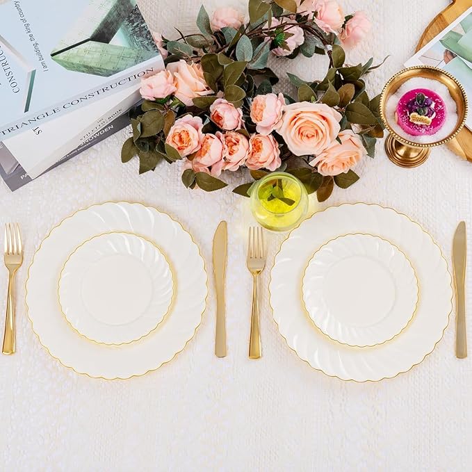 YOUBET 125PCS Scalloped Plastic Plates - Ivory Scalloped Disposable Plates - Gold Plastic Dinnerware Set Include 50 Plates, 75 Gold Silverware for Party & Wedding