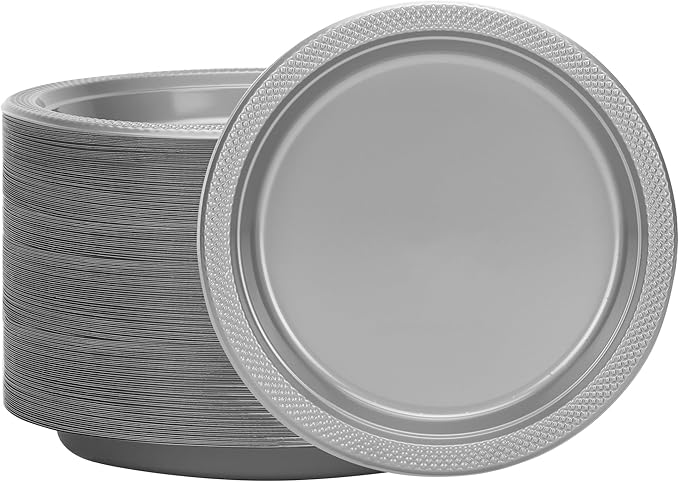 Hanna K. Signature Silver Plastic Plates 7 Inch 600 Count – Heavy Duty Disposable Dessert Plates Bulk for Catering, Weddings & Events