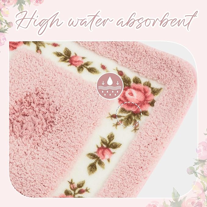 Drydiet 3 Pcs Rose Flowers Bathroom Rugs Set Coquette Room Decor Floral Carpet for Bathroom Bedroom Living Room, Floral Bath Mat Non Skid Romantic Rose Flower Area Rugs 3 Shapes(Pink,Small)