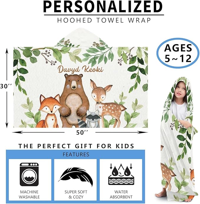 Safari Animals Bear Deer Personalized Kids Hooded Towel with Name Soft Absorbent Beach Pool Bath Towels Hood Poncho for Boys Girls