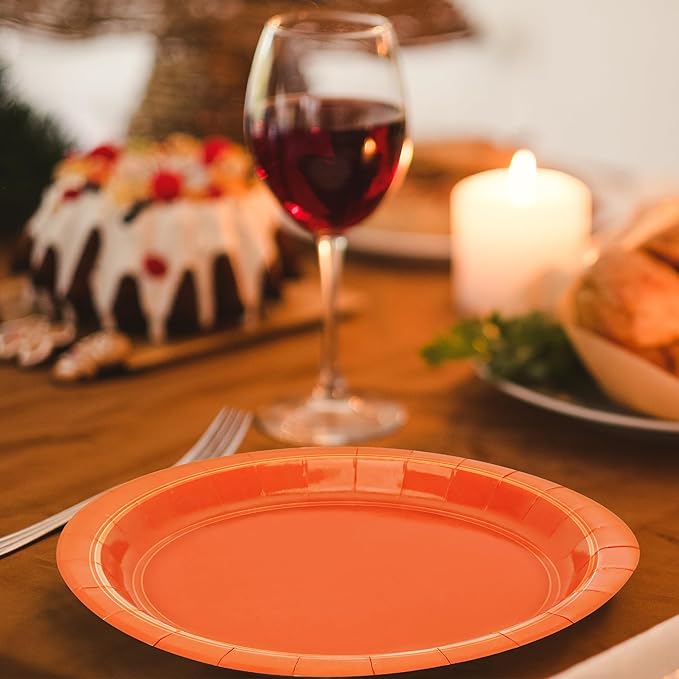 QZYL Disposable Paper Plates Set, 50 PCS Orange Dinner Paper Plates, Round 9 Inches Party Plates Pack for Daily Meal Picnic Anniversary Thanksgiving Festival Gathering Party Supplies