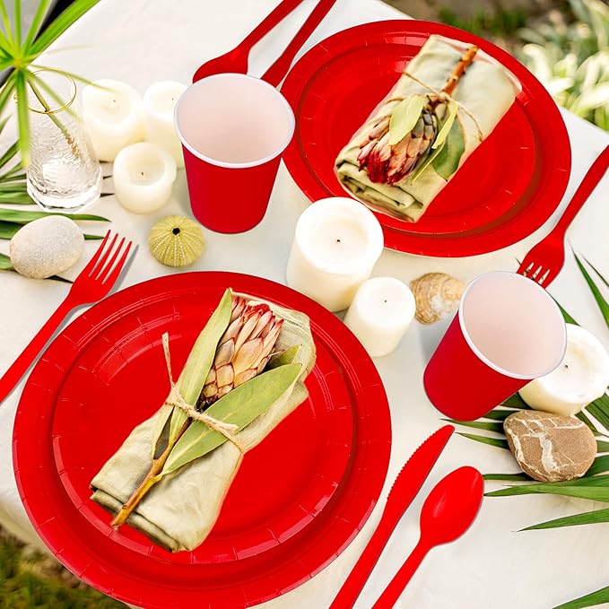 228PCS Red Party Supplies Set Include Paper Plates Cups Red Napkins Plastic Spoons Forks Knives for 30 Guests Disposable Party Dinnerware for Birthday Wedding Family Picnic