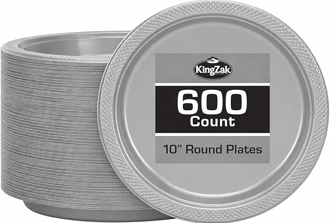 Hanna K. Signature Silver Plastic Plates 10 Inch 600 Count – Heavy Duty Disposable Dinner Plates Bulk for Catering, Weddings & Events