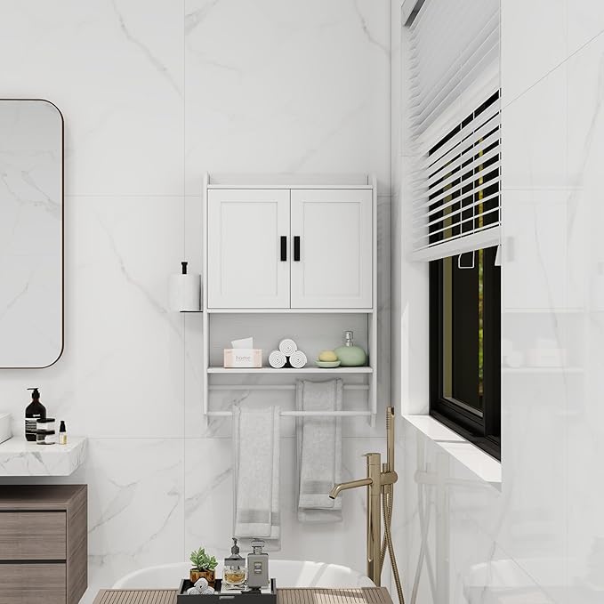 Bathroom Wall Cabinet with Doors, Over The Toilet Storage Cabinet with Adjustable Shelf, Towel Bar and Paper Holder, Medicine Cabinet for Bathroom Kitchen Laundry Room Entryway