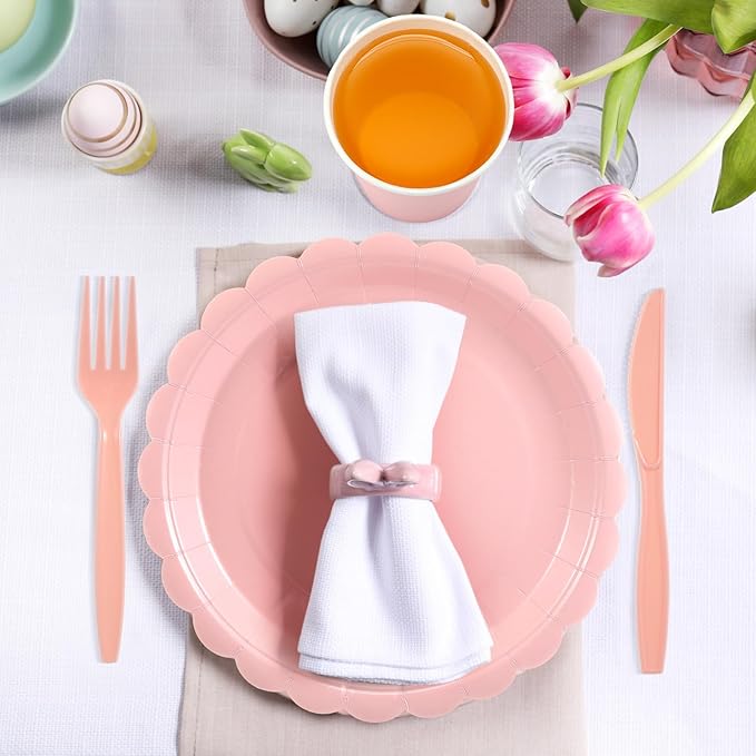 Ziliny 350 Pcs Light Pink Plates and Napkins, 50 Guest Spring Party Supplies Include Scalloped Paper Plates Napkins Cups Plastic Spoons Forks Knives Disposable Tableware Set for Baby Shower
