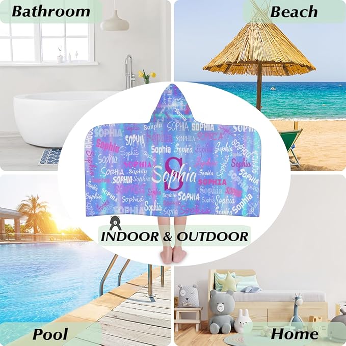 Personalized Hooded Towel Kids Beach Towels Name Custom Baby Toddlers Cotton Wrap Changing Robe for Shower Beach Trip Pool Bathrobe, Gradient Blue Color Romantic