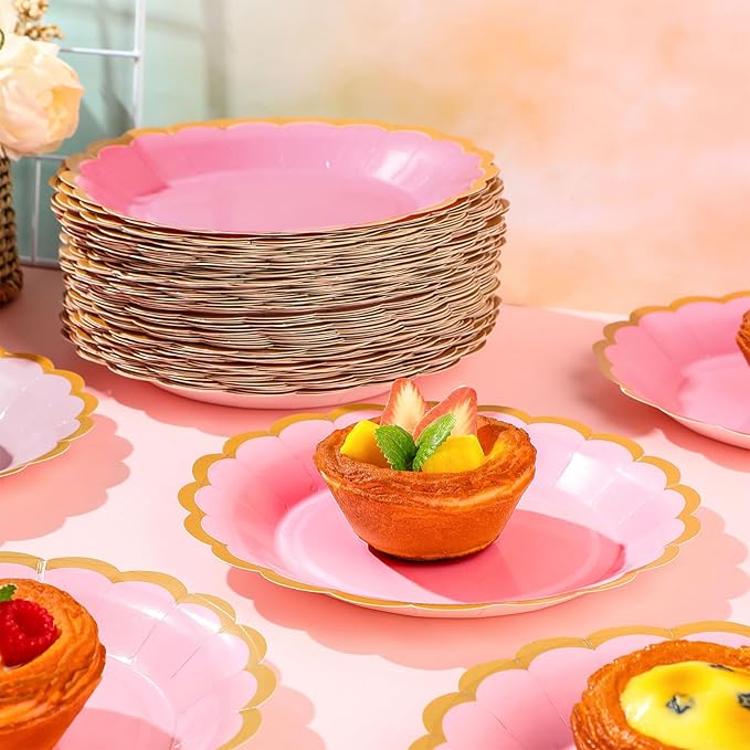 48 Pcs Valentine's Day Pink Paper Plates 7 Inch Gradient Pink Scalloped Disposable Dessert Plate for Women Coquette Bridal Wedding Birthday Galentine's Baby Shower Party Supplies