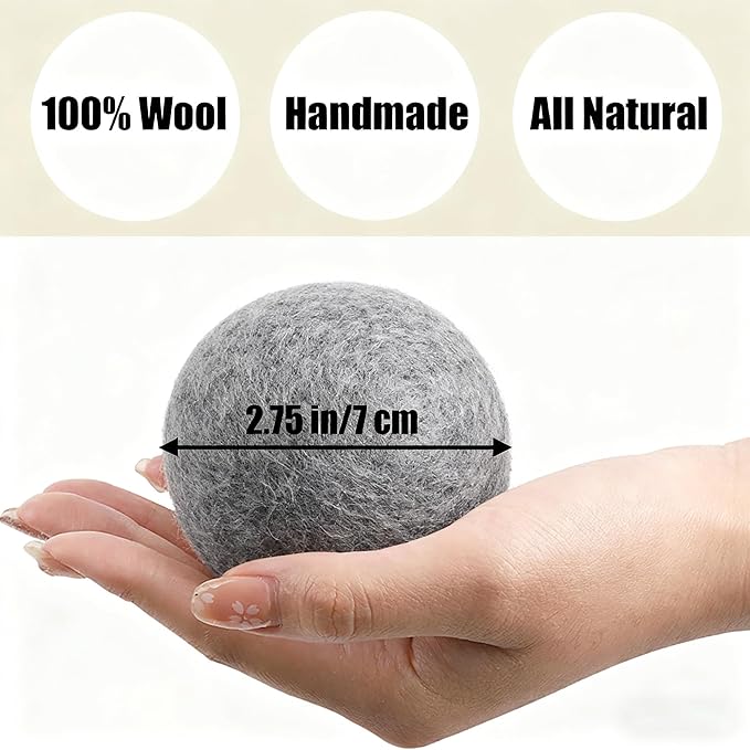 6 Pack Wool Dryer Balls Laundry Reusable Anti Static, Wool Laundry Balls for Dryer Reduces Clothing Wrinkles Natural Fabric Softener Last 1000+ Loads (Dark Grey, 2.75 in/7 cm)
