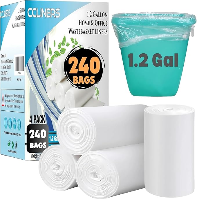 Small Trash Bags CCLINERS 1.2 Gallon 240 Small Clear Garbage Bags Mini Bathroom 1 Gallon Trash Bags, 240 Count