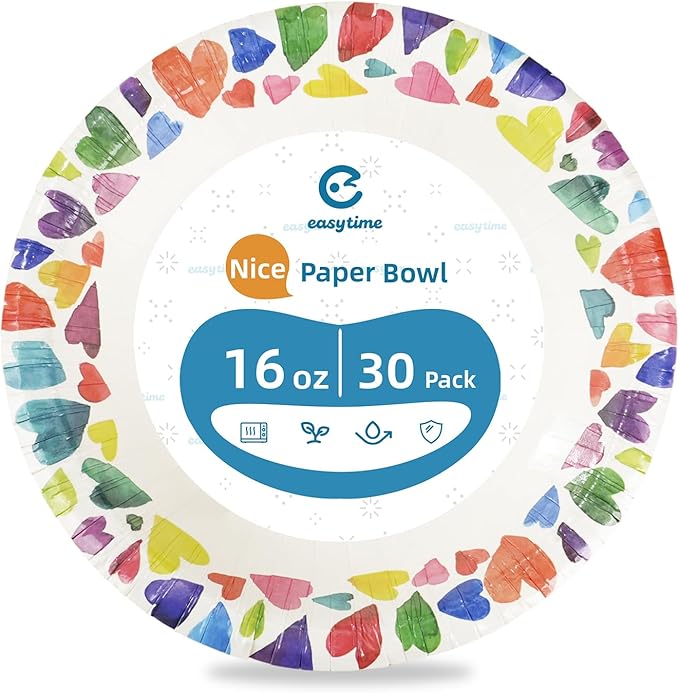 30 Pack Paper Bowls, 16 Oz Disposable Soup Bowl, Heavy Duty Printed Disposable Bowls Bulk For Snacks, Dessert, Breakfast, Lunch And Dinner Meals (Heart Pattern)