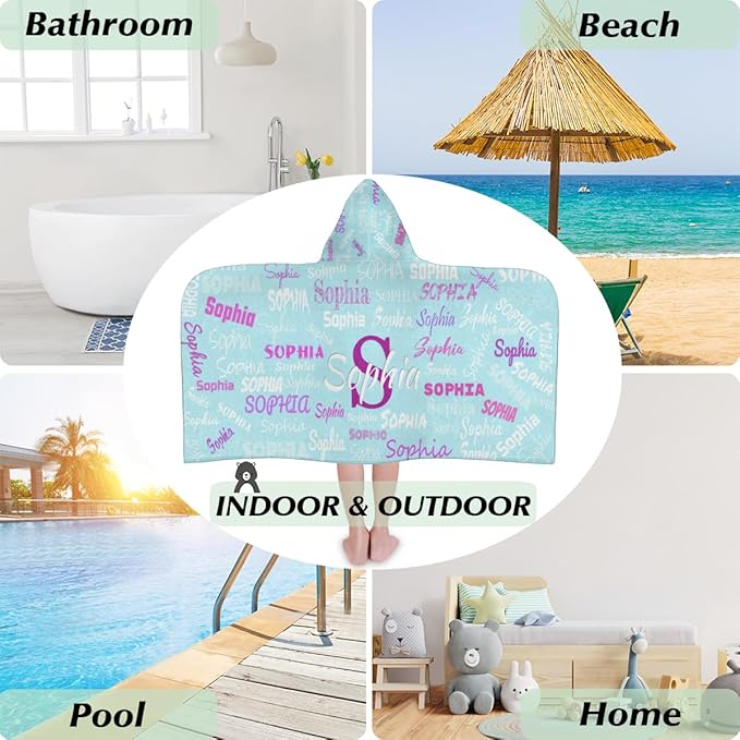Personalized Beach Towel for Boys Girls - Toddler Towels with Hood Snaps - Personalize Towel with Your Name, Solid Light Blue