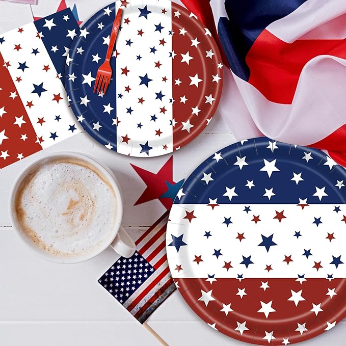 96 Pieces Patriotic Plates and Napkins 4th of July Tableware Set, Red White Blue Stripes with Stars Disposable Paper Plates, Napkins, Forks for Independence Day Memorial Day Party Supplies- Serves 24