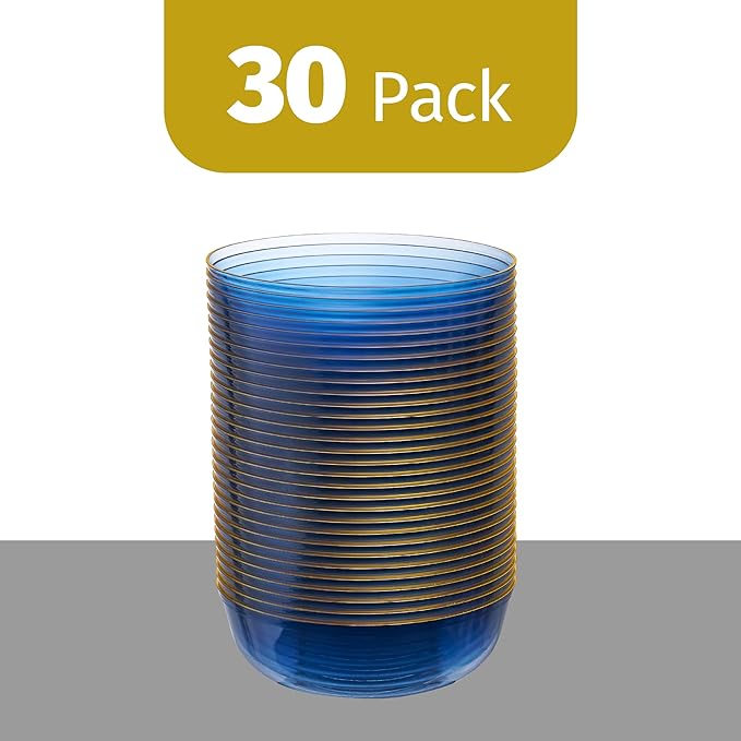 PLASTICPRO Plastic Party Plates Edge Collection Premium heavyweight Elegant Disposable Tableware Dishes (TRANSLUCENT BLUE WITH GOLD RIM, 16 OZ BOWLS)