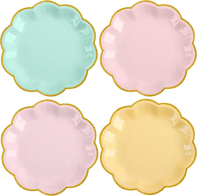 AimFun 48 Pcs Pastel Scalloped Paper Plates 7 Inch Disposable Macaron Colorful Dessert Plates with Gold Edge Gradient Rainbow Party Supplies for Wedding Birthday Baby Shower Bridal Summer Decorations