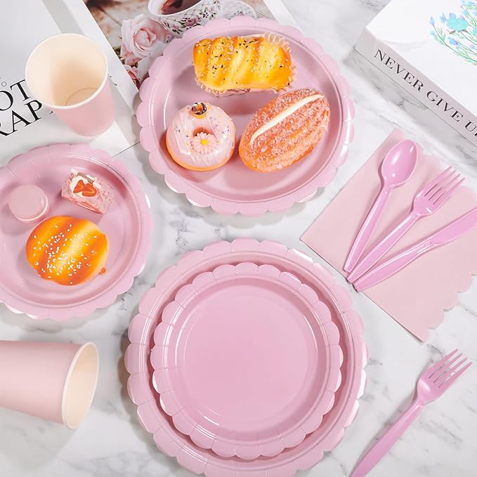 175 Pcs Pink Plates and Napkins, Pink Party Decorations Include Scalloped Birthday Plate Napkins Cups Plastic Cutlery Disposable Dinnerware for Girls Birthday, Wedding, Bridal Baby Shower