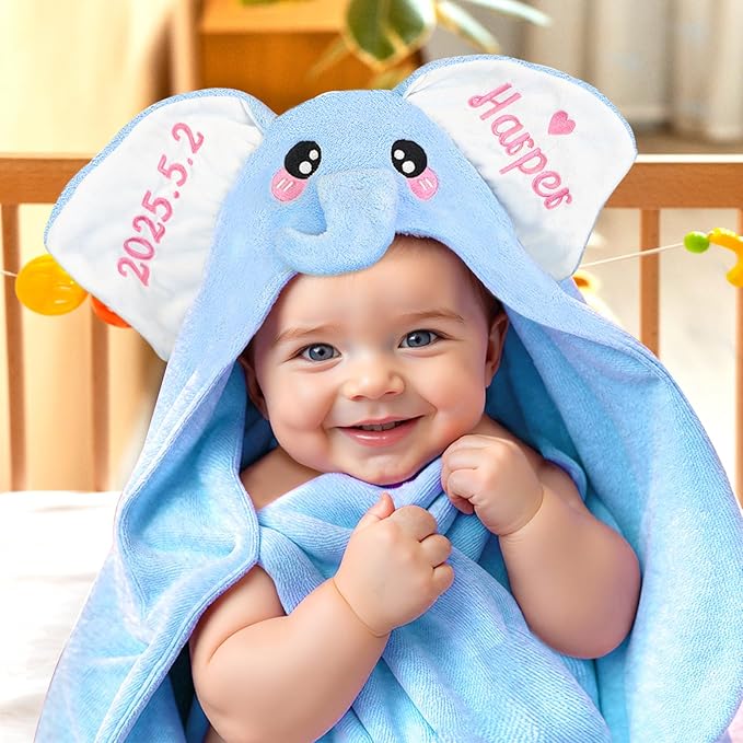 Baosity Custom Hooded Baby Towel with Name, Personalized Soft Absorbent Elephant Bath Towels, Shower Towels for Girls Boys, Easter Brithday Christmas for Baby, Toddler, Newborn Essential