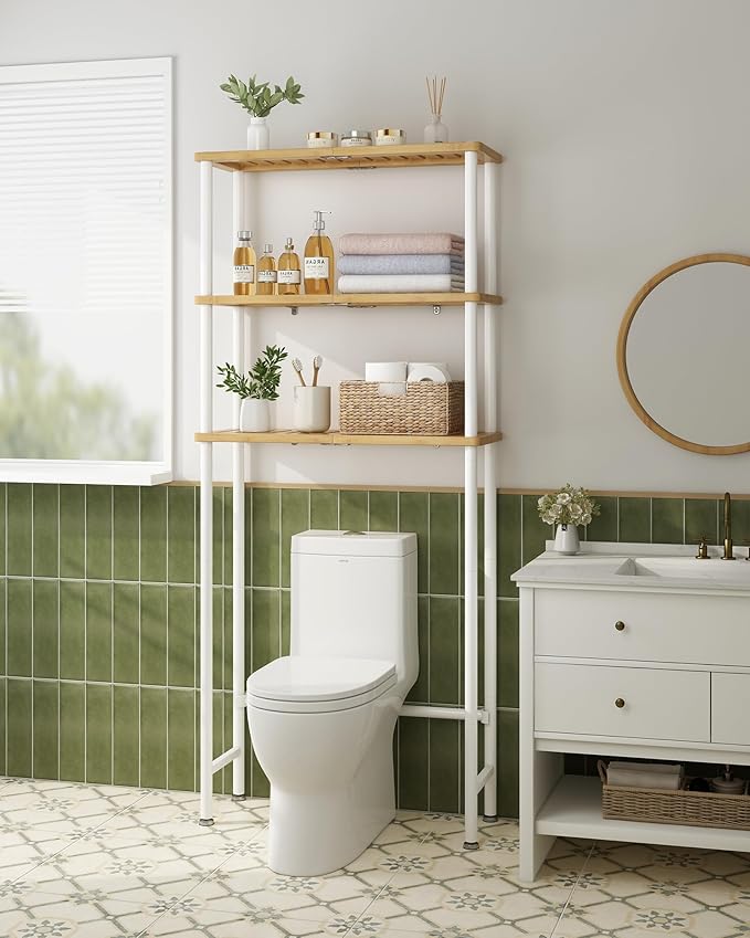 LiSHELF Bamboo Over The Toilet Storage Shelf 3-Tier Bathroom Organizer Rack Freestanding Above Toilet Shelves Space Saver for Small Bathroom, Laundry, White