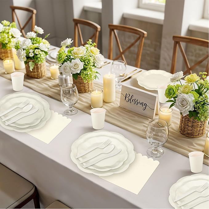 NatNarr 175 Pcs Ivory Plates and Napkins Set, 25 Guest Ivory Party Supplies Include Scalloped Plate Paper Napkin Cup Fork Knives Disposable Plastic Cutlery for Birthday Wedding Baby Shower Party