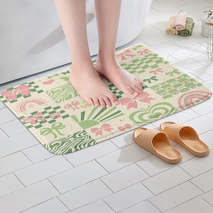 Pink Bowknot Kids Bath Mats,Geometric Plaid Checkerboard Patchwork Mats Rugs for Girls,Rainbow Bow Tie Butterfly Bath Carpets,Green Fashion Bath Rugs,Absorbent Floor Mats,16Wx24L Inches