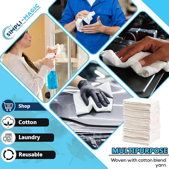 Simpli-Magic Cotton Shop Towels 14"x12" (90 Pack) – Reusable Cleaning Shop Rags for Automobiles, Industries, Garage and Homes (White)