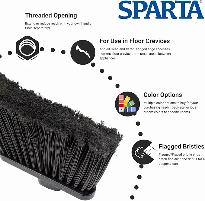 SPARTA Plastic Broom Head, Angled, Flagged for Small Debris Indoor, Outdoor, Home, Restaurant, Lobby, Office, 12 Inches, Black, (Pack of 12)