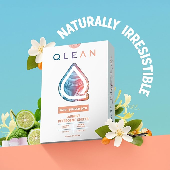 QLEAN Laundry Detergent Sheets Sweet Summer (40 Loads) – Travel-Size Plant-Based Laundry Sheets, Biodegradable, HE Compatible, Hypoallergenic for Sensitive Skin, Eco-Friendly Detergent Strips
