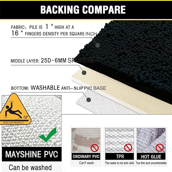 Bathroom Rugs Sets 2 Piece, Extra Soft Chenille Bath Mat Ultra Absorbent Bathroom Rug, Bathroom Mat with Sturdy PVC Non-Slip Bottom, Machine Washable Bath Rugs (20x32 Inch + 16x24 Inch, Black)