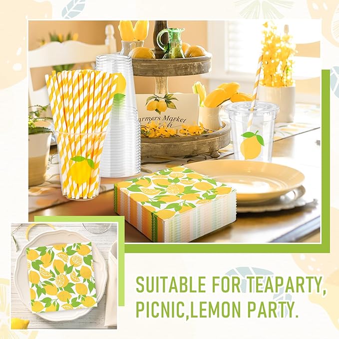 FYSUIMU 150 Pcs Summer Tableware Set for 50 Guests Yellow Lemon Paper Napkins Disposable Plastic Cups with Lids and Straws for Holiday Birthday Baby Shower Party Supplies
