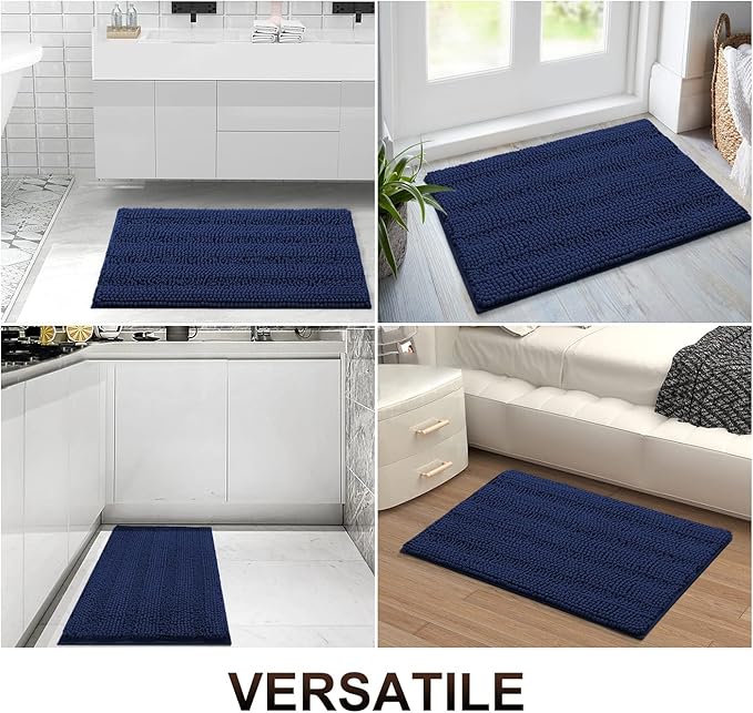 Grandaily Chenille Striped Bathroom Rugs 24x16, Extra Thick and Absorbent Bath Mats, Non-Slip Soft Plush Shaggy Shower Carpet, Machine Wash Dry, Bath Rug for Bathroom, (Small, Navy)