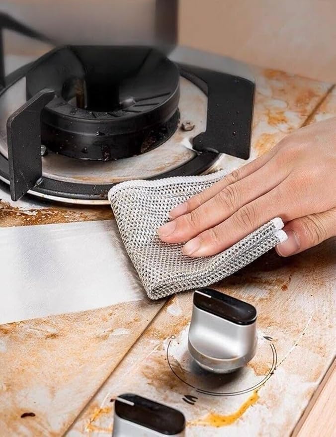 10Pack Double Layer Silver Mesh Stainless Steel Scrubber,Multipurpose Wire Dishwashing Rag,Non-Scratch Wire Dishwashing Rags for Kitchen/Stove/Oven/Bath Wet and Dry Users (Double Layer)
