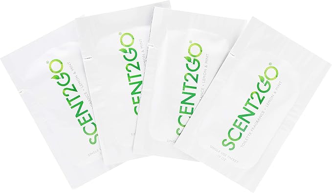 Scent2Go Toilet Fragrance Powder - Slim Travel Size Packet - Leak Lock Design - Plant Based Formula - Lemon + Mint - 40 Single Use Packets