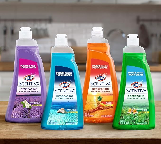 Clorox Scentiva Liquid Dish Soap, Tuscan Lavender and Jasmine Scent - Ultra-Concentrated Dishwashing Liquid That Cuts Through Grease and Food Residue, Bleach-Free, 26 Fl Oz