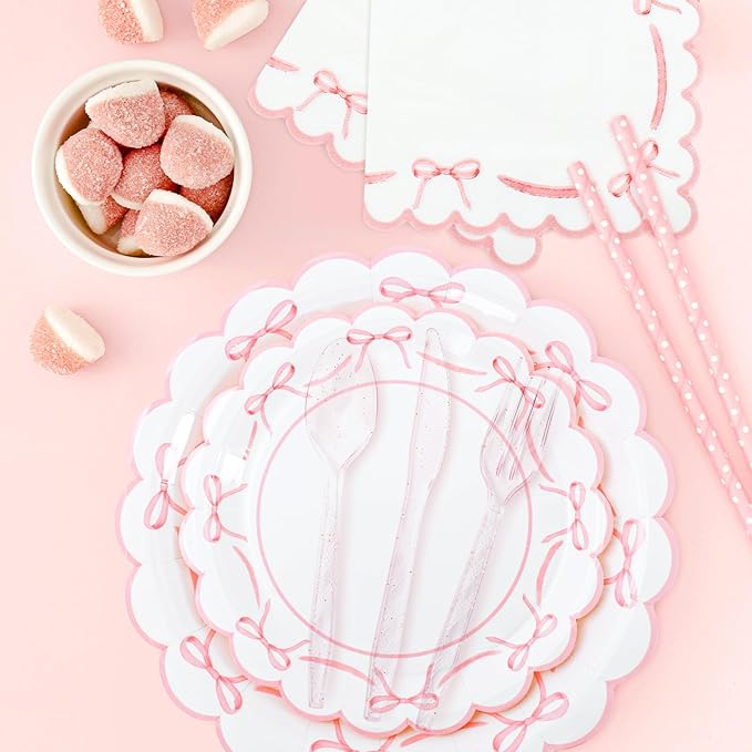 JarThenaAMCS 175Pcs Pink Bow Party Supplies Kit Scalloped Bowknot Tableware Set Disposable Dinnerware Paper Napkin Plate Cup Spoon Fork Knife for 25 Guests Party Favor