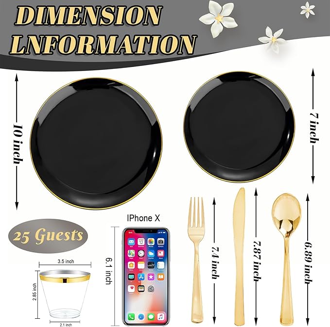 WDF 150PCS Black Plastic Plates - Black and Gold Plates Disposable - 25 Guest Disposable Dinnerware Sets for Party/Wedding/Graduation/Memorial Day