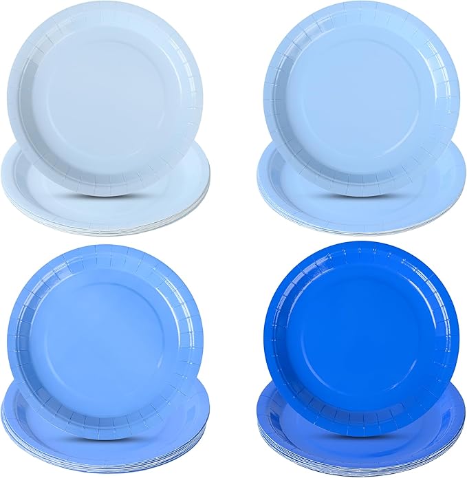 AimFun 24Pcs Blue Party Plates Gradient Blue Paper Plates 9 Inch Disposable Round Dinner Dessert Plate for Summer Beach Ocean Birthday Wedding Baby Shower Hanukkah Party Supplies